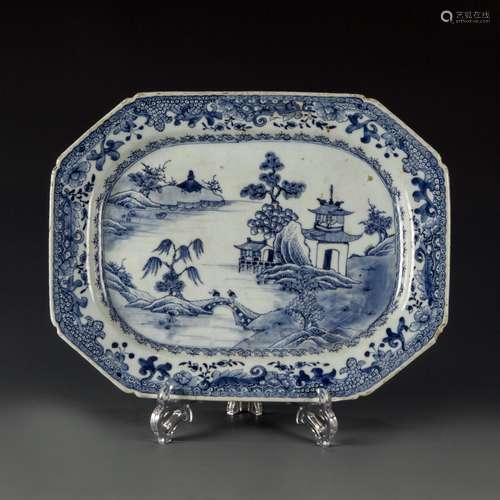 Blue and White Octagon shaped Plate water village scene