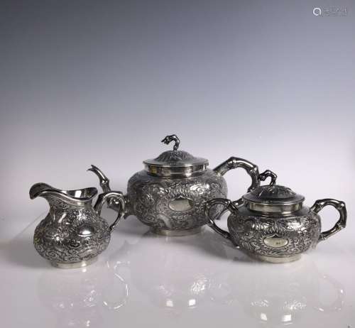 Chinese Three-Piece Dragon Silver Tea Set With  Mark