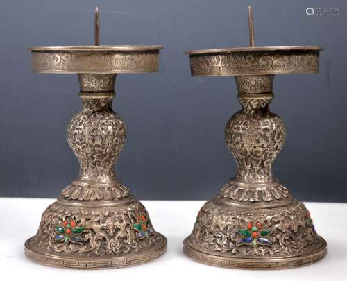 Pair Antique Chinese Silvered Metal Candlesticks