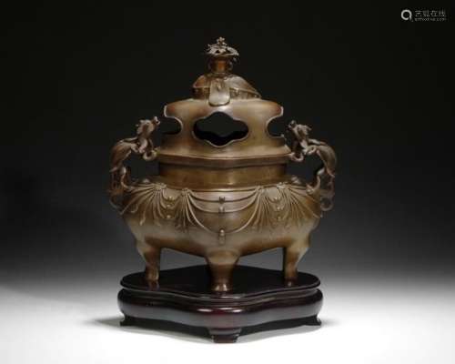 Christie's Large Bronze Censer with Chilong Handle