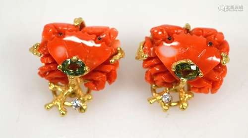 Designer Carved Coral Crab Earrings in 18K