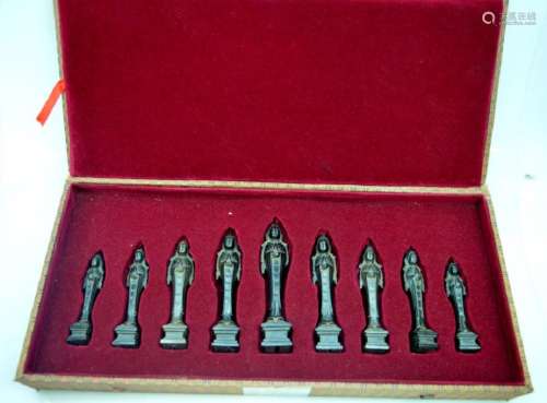 Rare Set 9 Early Carved Buddhas in Black Stone