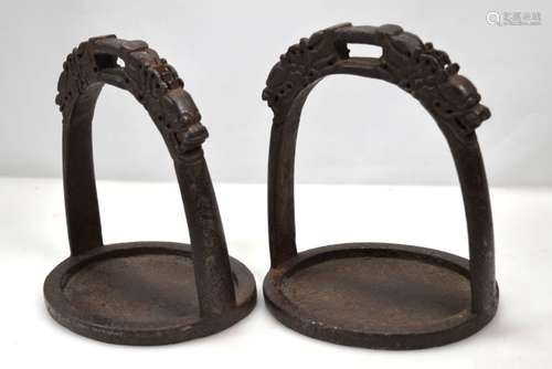 Pr 17th/18thC Chinese Silver Inlaid Iron Stirrups