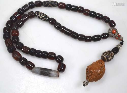 Chinese Hotai Pendant, Cherry Amber & Dzi Beads