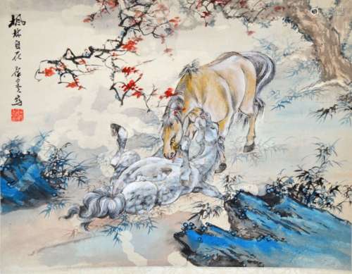 Antique Chinese Scroll Painting of Horses