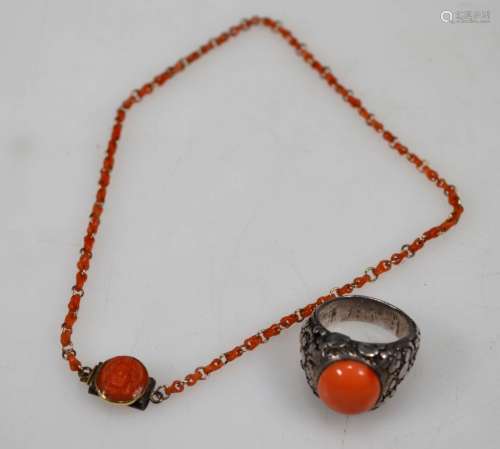 Antique Carved Coral Child's Necklace; Coral Ring