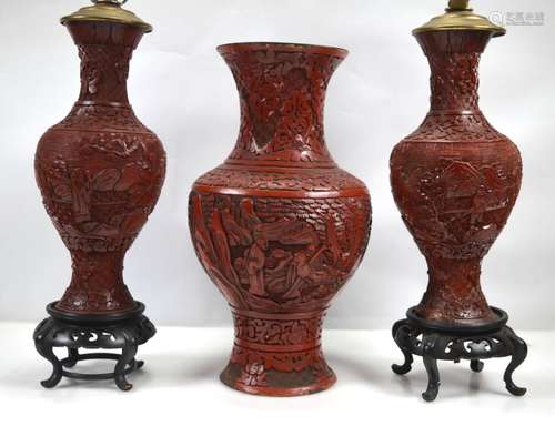 Three Chinese Red Cinnabar Lacquer Vases