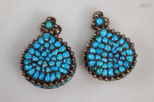 Pair Antique Tibetan Silver & Turquoise Earrings