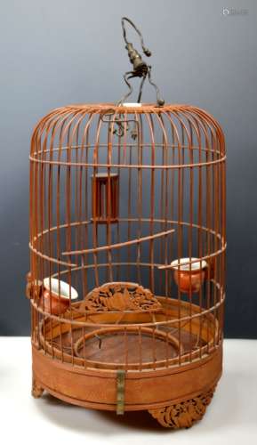 Chinese Bamboo Birdcage; Porcelain Feeders