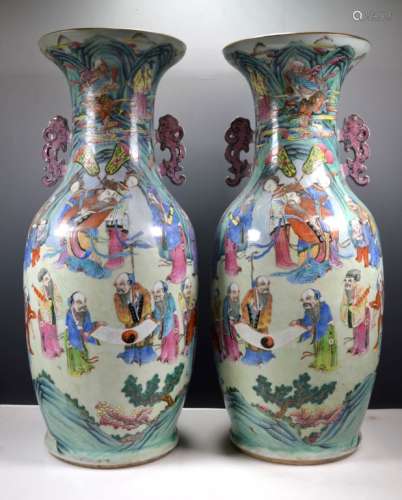 Lg Pr 19th C Chinese Famille Rose Immortals Vases