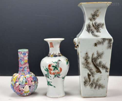 Three Antique Chinese Enameled Porcelain Vases
