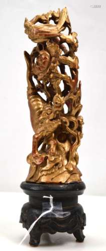 Chinese Qing Red & Gold Lacquer Carving on Stand