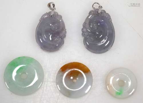 Five Chinese Carved Natural Jadeite Pendants 18K