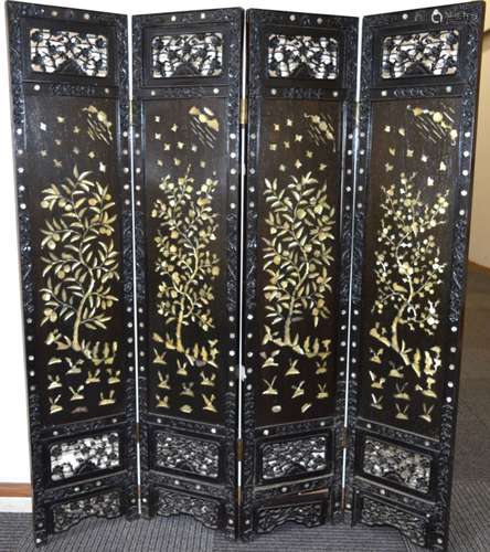 Chinese Hardwood & Mother-of-Pearl 4 Panel Screen