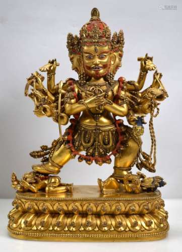 Tibetan 3-Headed 12-Handed Gilt Bronze Figure