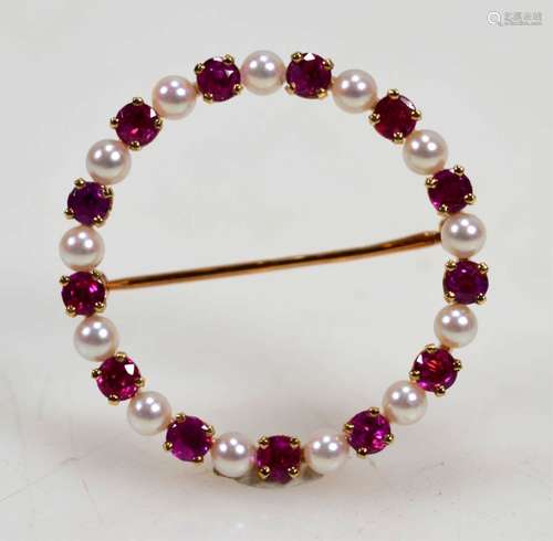 Vintage Tiffany & Co 14K Ruby & Pearl Circle Pin