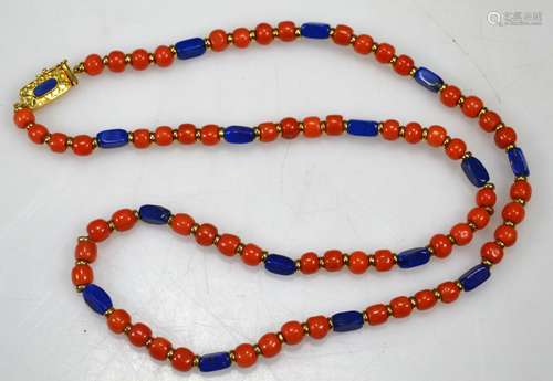 Chinese Coral, Lapis Lazuli, Gold Bead Necklace