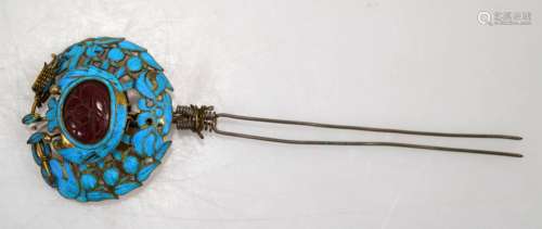 19C Chinese Gilt Silver, Feather, Amber Hair Pin