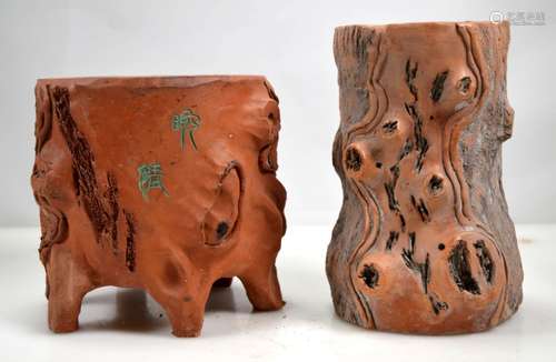 Two Chinese Yixing Log-Shaped Containers