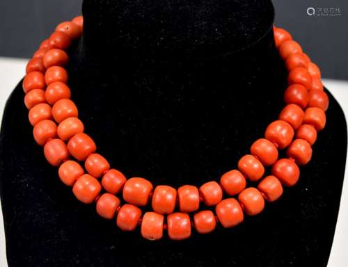 Double Strand Coral Bead Necklace Gold Clasp; 130G