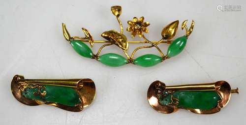 Chinese Carved Natural Jadeite Pins & Yellow Gold