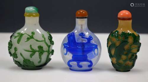 Three Antique Chinese Carved Glass Snuff Bottles