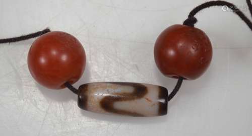 Tibetan Dzi Bead & 2 Carnelian Beads; 27.4G