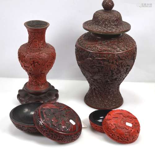 Four Chinese Carved & Molded Cinnabar Lacquers