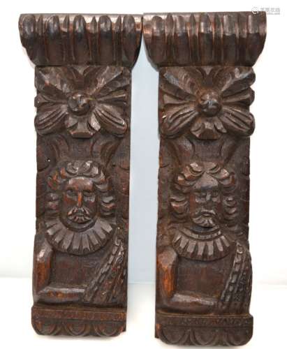 Pair English Carved Oak Pilasters circa 1600
