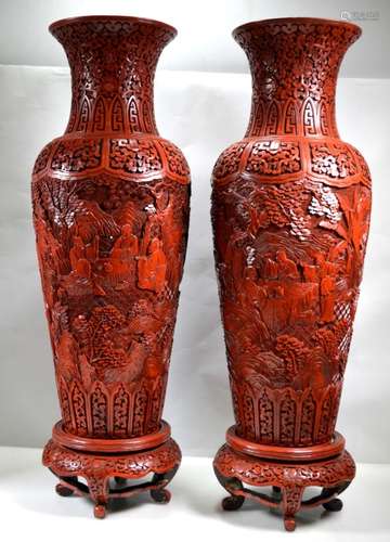 Lg Pr 19th C Chinese Cinnabar Lacquer Vases