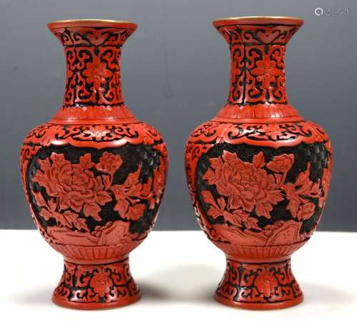 Pr. Chinese Carved Black & Cinnabar Lacquer Vases