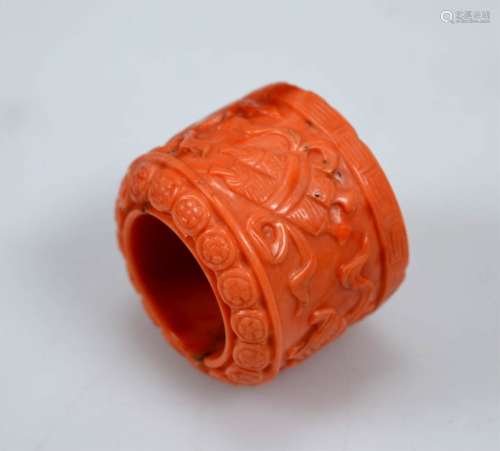 Rare Chinese Carved Coral Archer's Ring