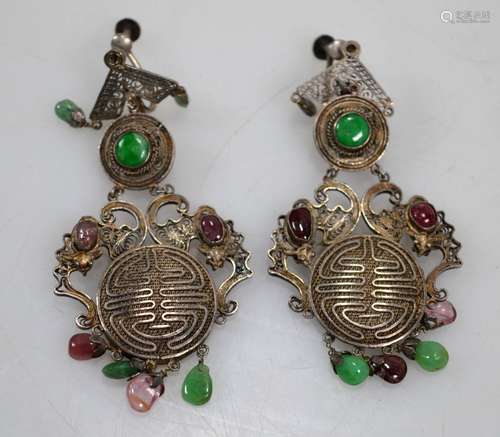 Qing Chinese Silver, Jadeite & Tourmaline Earrings