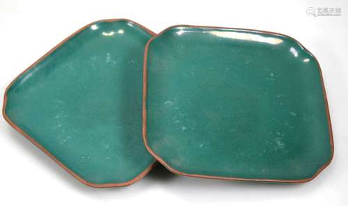 Pair Chinese Jade-Green Enameled Yixing Plates