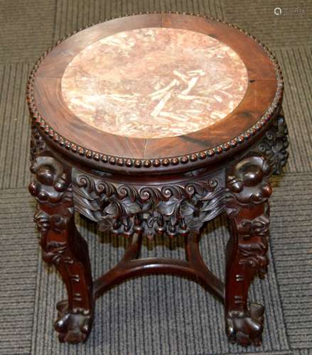 19C Chinese Carved Hardwood & Marble Table Stand