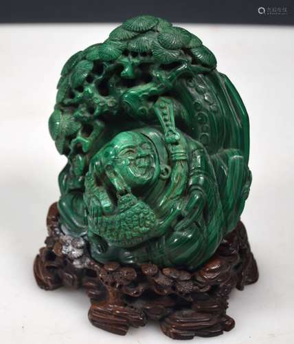 Chinese Carved Malachite Lohan and Lion