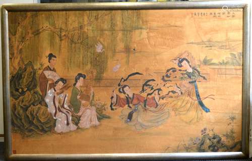 Large Chinese Silk Painting; Musicians & Dancers