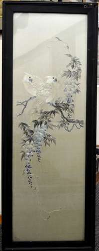 Antique Chinese Embroidered Silk, Birds & Wisteria