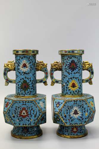 Pair of Chinese cloisonne vases, Kangxi mark.