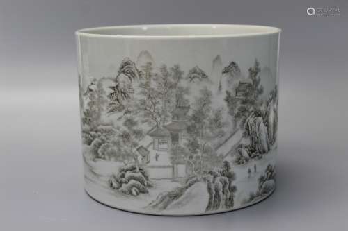 Chinese grisaille porcelain brush pot.