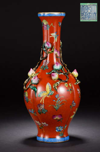 Chinese famille rose on coral red glaze porcelain vase.