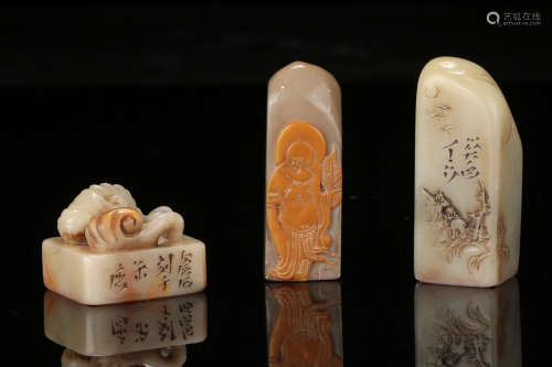 Group of 3 Chinese carved soapstone seals.