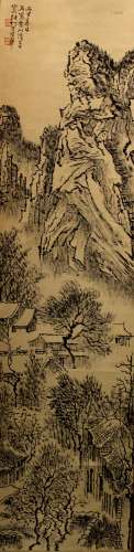 Chinese ink painting on paper scroll.