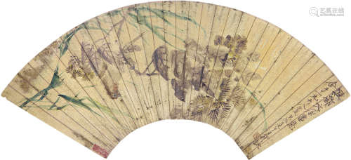王礼（1813～1879） 花鸟 扇片 设色金笺