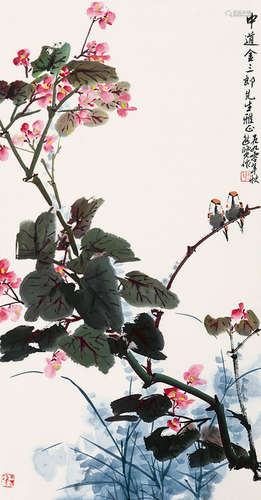 唐逸览（b.1942） 花鸟 立轴 设色纸本