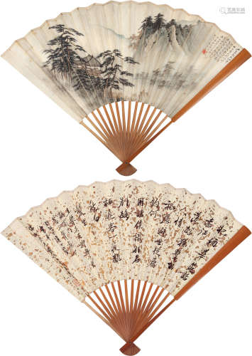 马骀（1886～1937）  张大千（1899～1983） 山水 书法 扇片 设色 水墨纸本