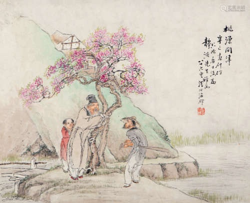 沈心海（1855～1941） 桃源问津 镜片 设色纸本