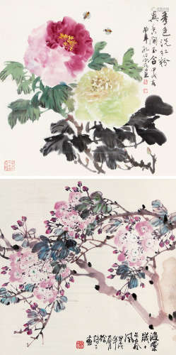 孔伯容（1932～2002）  徐培三（1911～2004） 牡丹 海棠花 镜片连框 设色纸本