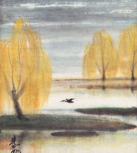 林风眠（1900～1991） 秋江飞雁 镜片连框 设色纸本