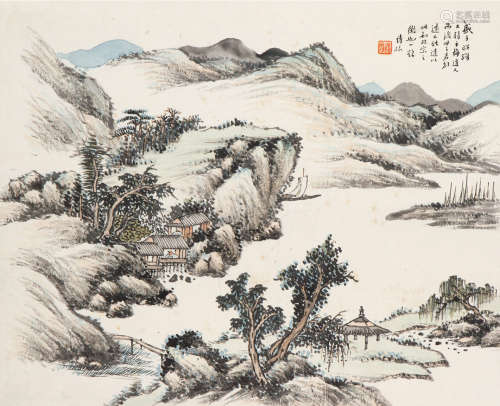 何维朴（1842～1922） 江阁远帆图 立轴 设色纸本